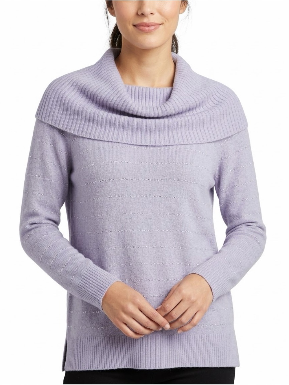 Style & Co Cowl Neck Sweater‎ Womens Large Lavender Metallic Stripe NWT